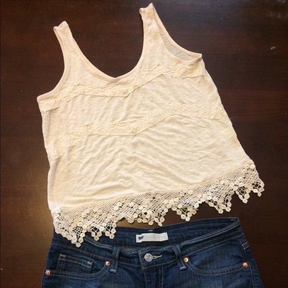 Monteau Tops - Cream crochet hemmed tank top